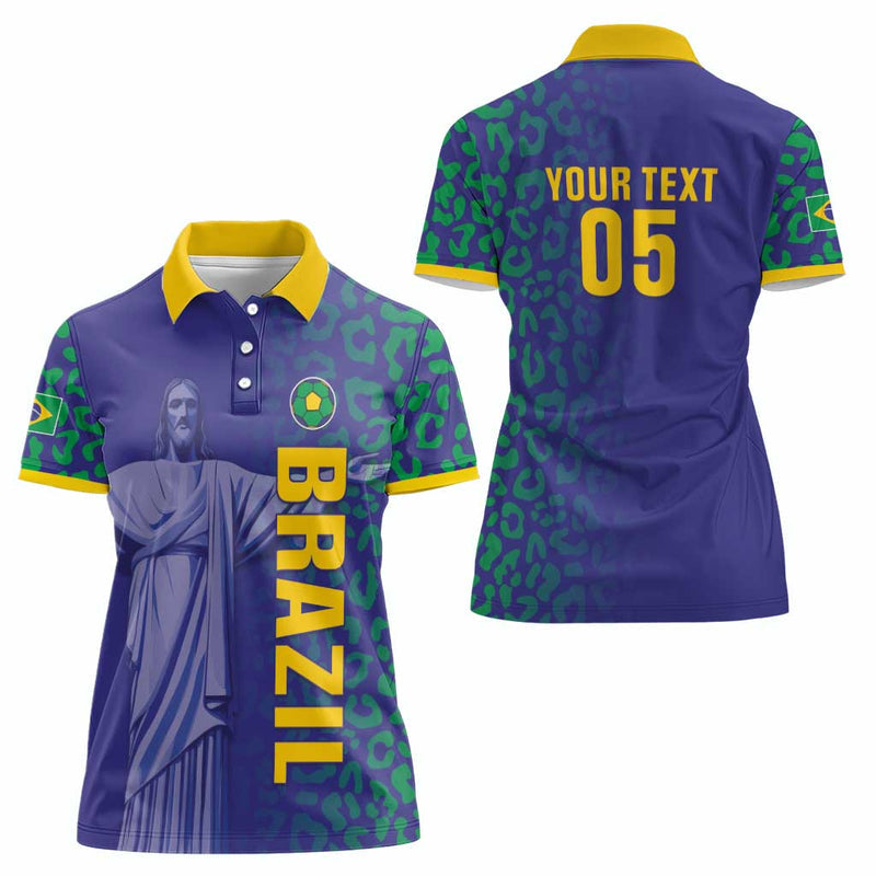 Custom Brazil Football With Leopard Pattern Women Polo Shirt