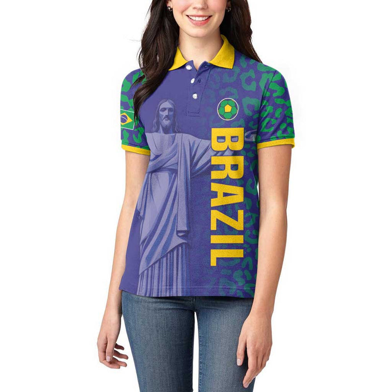 Custom Brazil Football With Leopard Pattern Women Polo Shirt