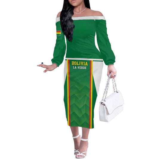 Custom Bolivia Football Go Champions La Verde Green Version Off The Shoulder Long Sleeve Dress