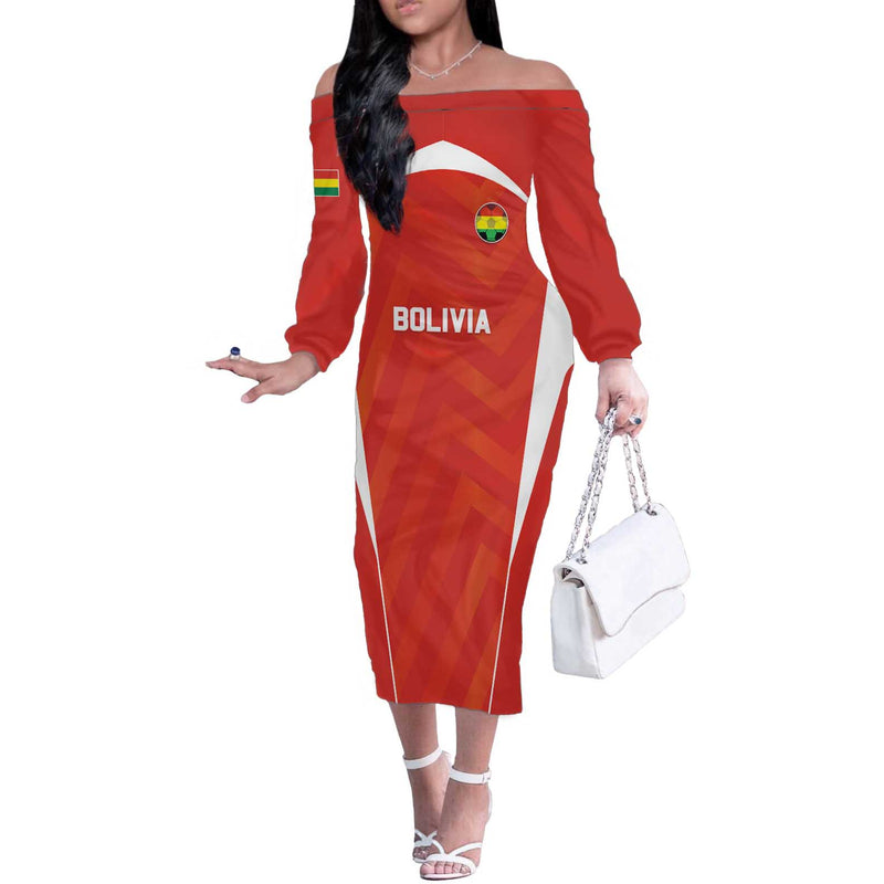 Custom Bolivia Football Go Champions La Verde Red Version Off The Shoulder Long Sleeve Dress