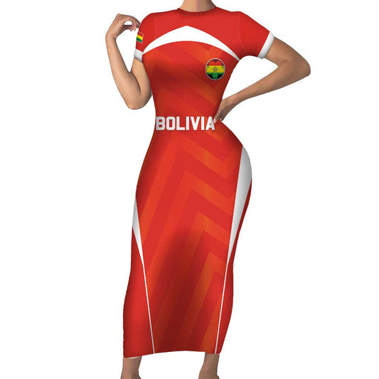 Custom Bolivia Football Go Champions La Verde Red Version Short Sleeve Bodycon Dress