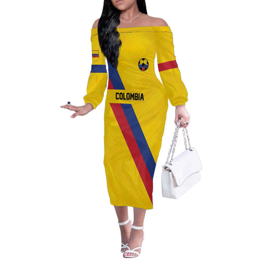 Custom Colombia Football Vamos La Tricolor Retro Style Off The Shoulder Long Sleeve Dress