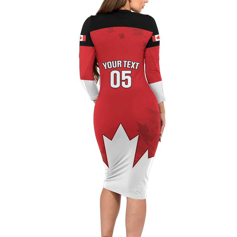 Custom Canada Hockey Maple Leaves Sporty Style Long Sleeve Bodycon Dress