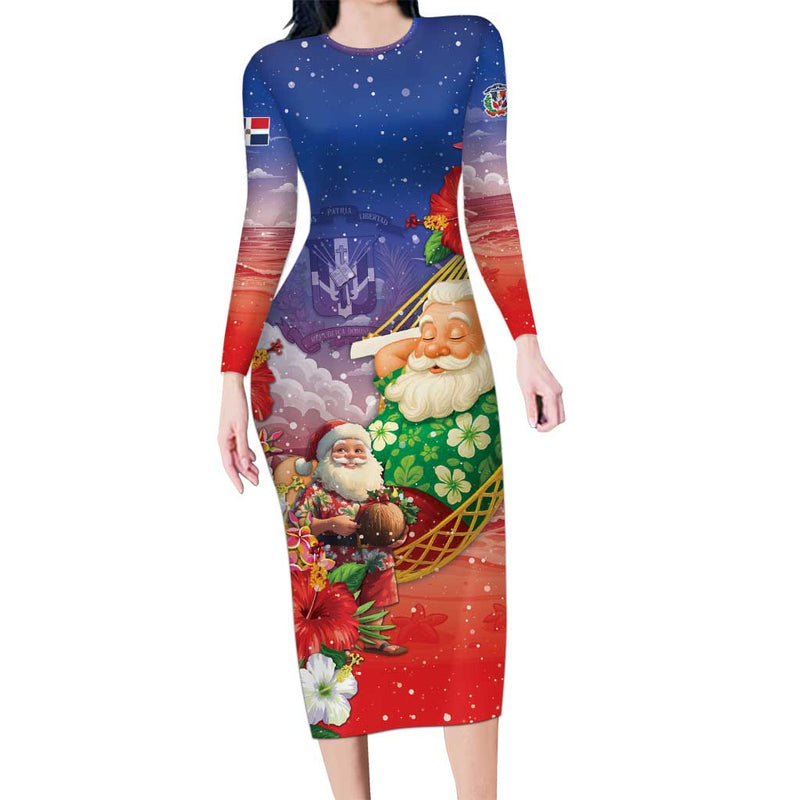 Dominican Republic Christmas Santa Relaxing On The Beach Long Sleeve Bodycon Dress