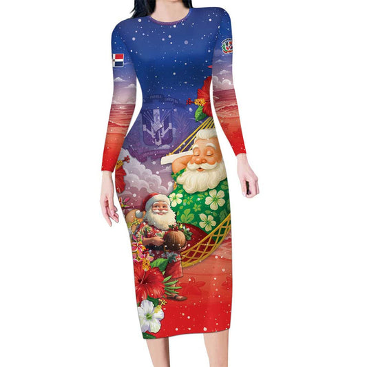 Dominican Republic Christmas Santa Relaxing On The Beach Long Sleeve Bodycon Dress
