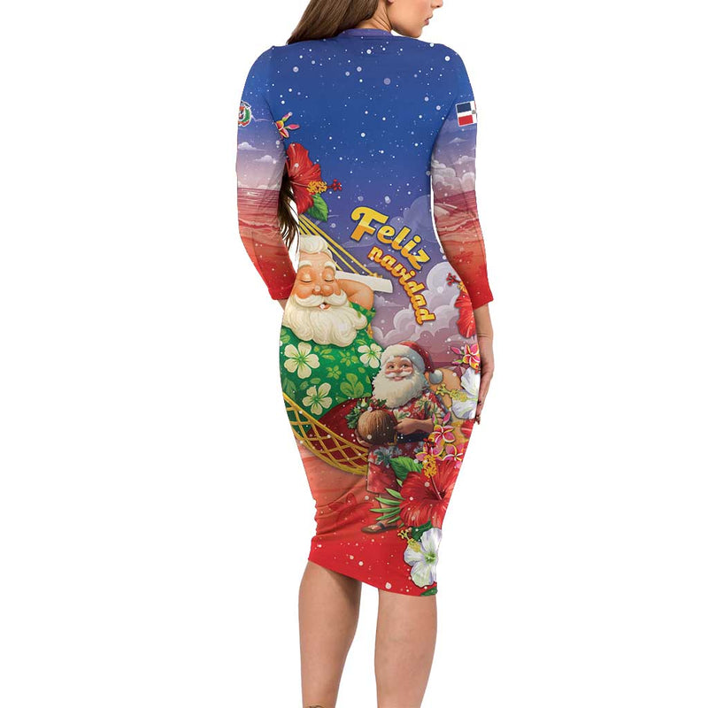 Dominican Republic Christmas Santa Relaxing On The Beach Long Sleeve Bodycon Dress