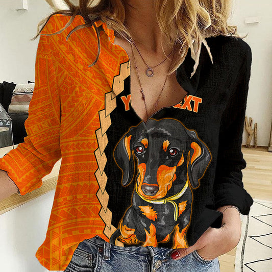 Custom Dachshund Dog With Polynesian Tribal Tattoo Women Casual Shirt