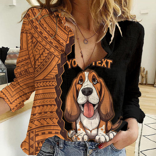 Custom Basset Hound Dog With Polynesian Tribal Tattoo Women Casual Shirt