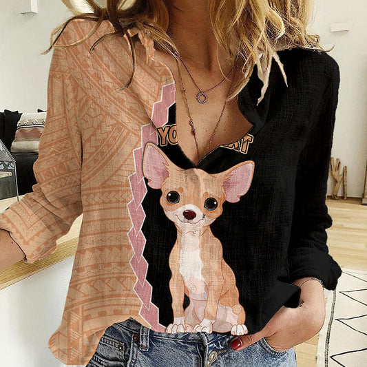 Custom Chihuahua Dog With Polynesian Tribal Tattoo Women Casual Shirt