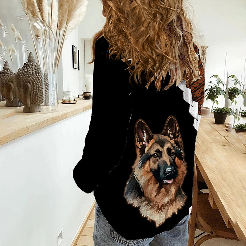 Custom German Shepherd Dog With Polynesian Tribal Tattoo Women Casual Shirt