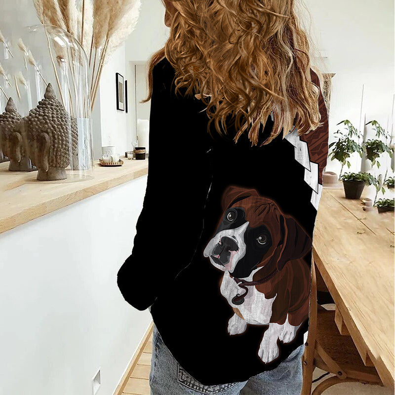 Custom Boxer Dog With Polynesian Tribal Tattoo Women Casual Shirt