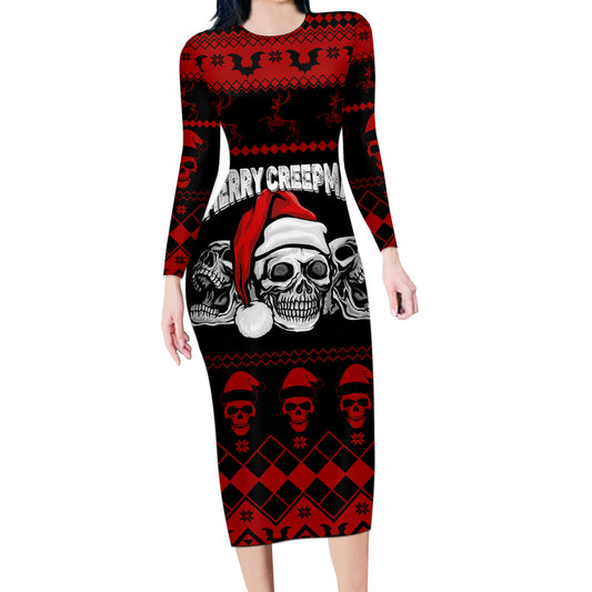 Custom Christmas Gothic Skull Creepmas Long Sleeve Bodycon Dress