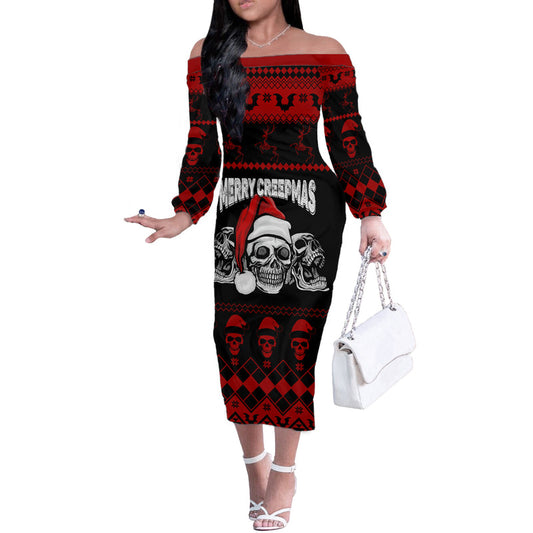 Custom Christmas Gothic Skull Creepmas Off The Shoulder Long Sleeve Dress