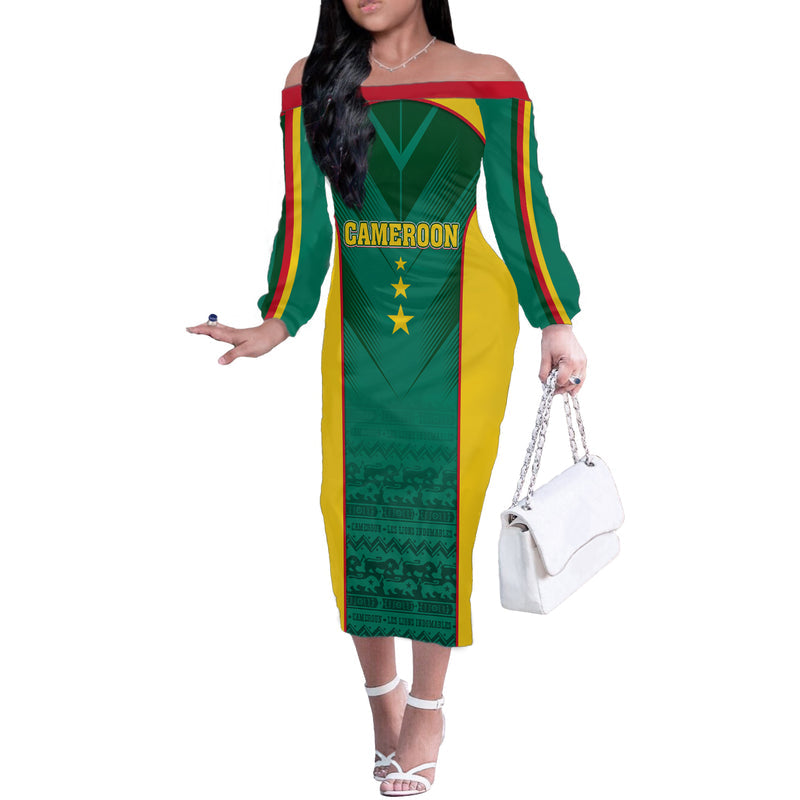 Custom Cameroon Football Nations Cup 2024 Les Lions Indomptables Off The Shoulder Long Sleeve Dress