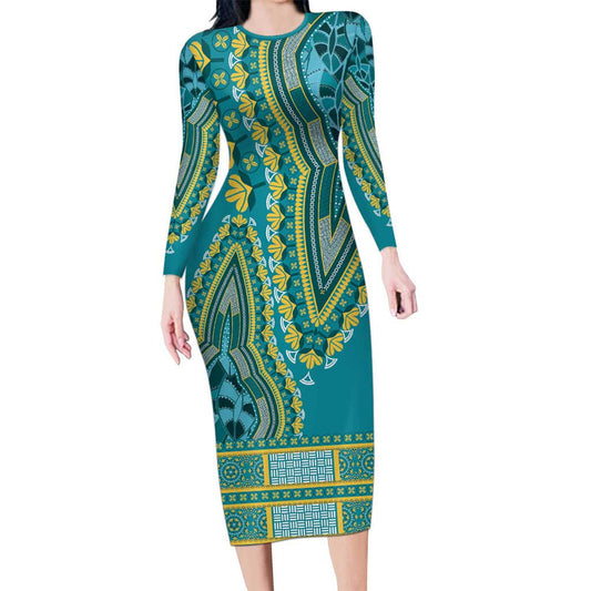 African Dashiki Luxury Teal Long Sleeve Bodycon Dress