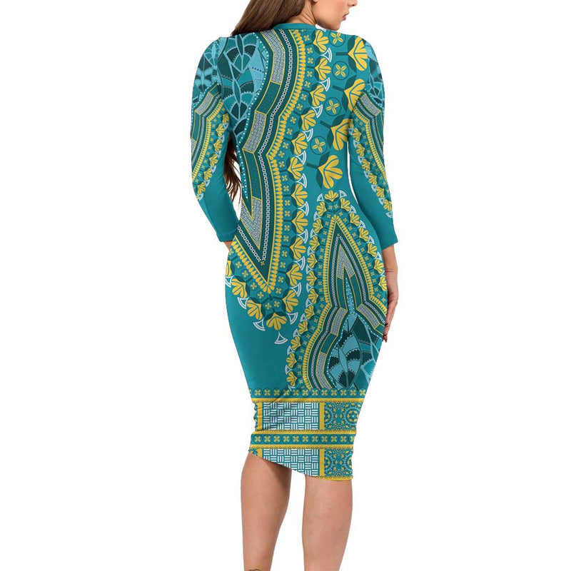 African Dashiki Luxury Teal Long Sleeve Bodycon Dress