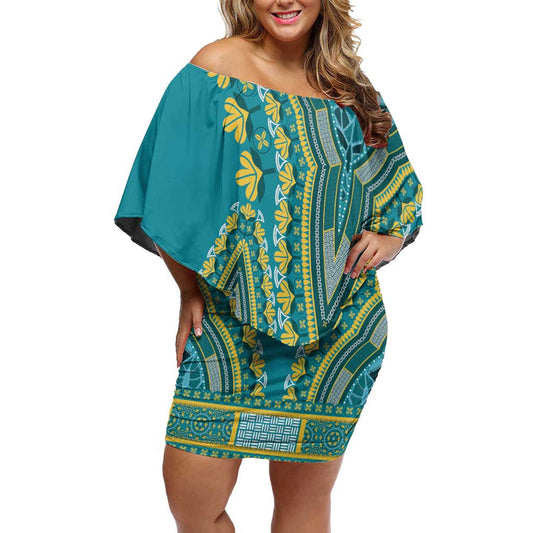 African Dashiki Luxury Teal Off Shoulder Short Dress