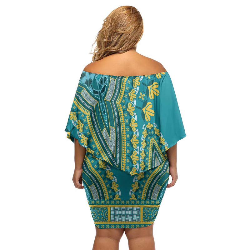 African Dashiki Luxury Teal Off Shoulder Short Dress