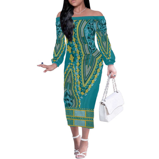 African Dashiki Luxury Teal Off The Shoulder Long Sleeve Dress