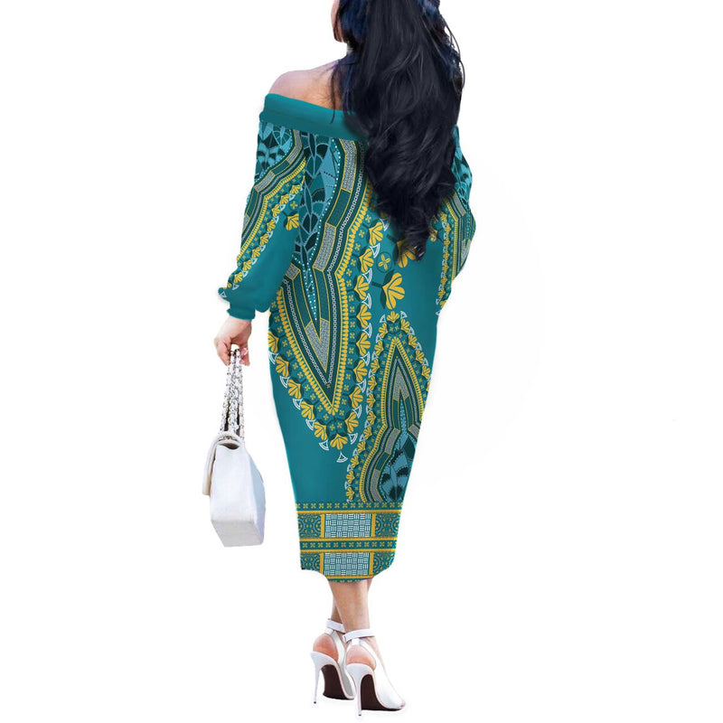 African Dashiki Luxury Teal Off The Shoulder Long Sleeve Dress