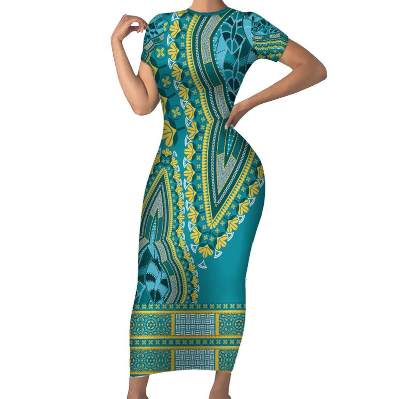 African Dashiki Luxury Teal Short Sleeve Bodycon Dress