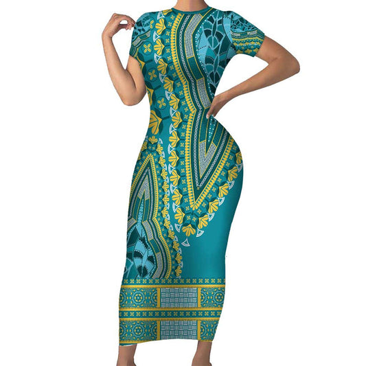 African Dashiki Luxury Teal Short Sleeve Bodycon Dress