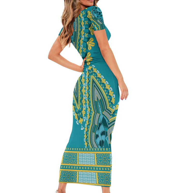 African Dashiki Luxury Teal Short Sleeve Bodycon Dress