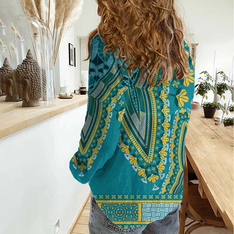 African Dashiki Luxury Teal Women Casual Shirt