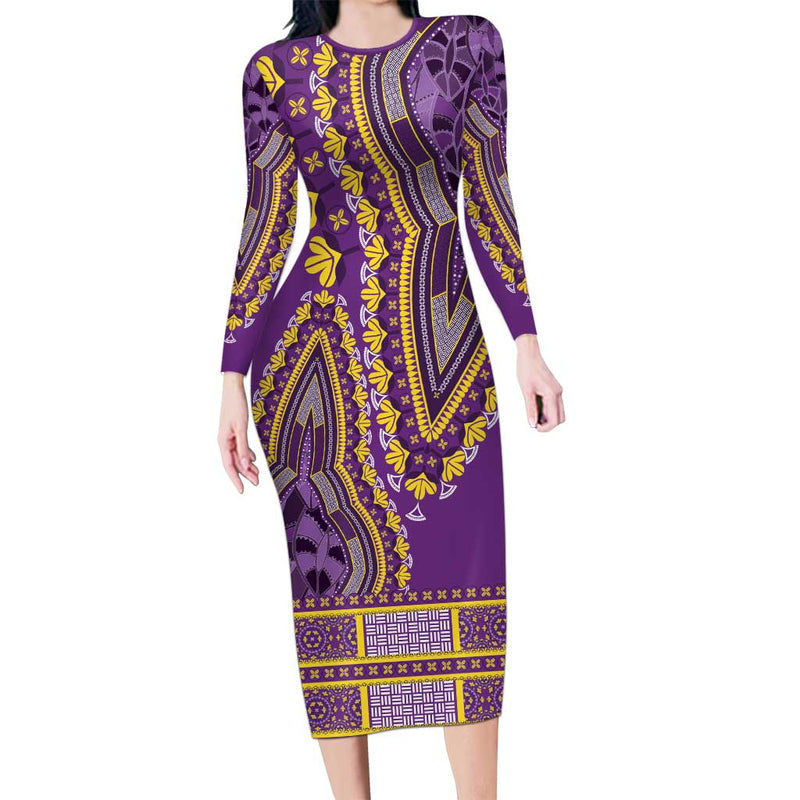 African Dashiki Luxury Violet Long Sleeve Bodycon Dress