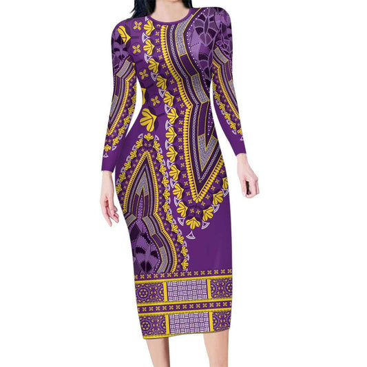 African Dashiki Luxury Violet Long Sleeve Bodycon Dress