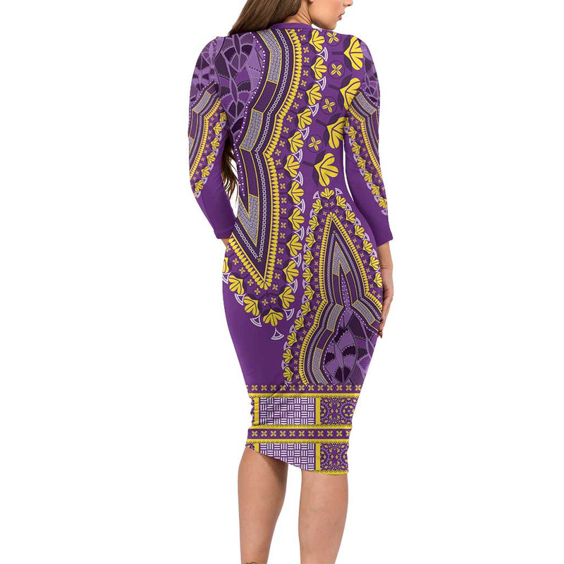African Dashiki Luxury Violet Long Sleeve Bodycon Dress