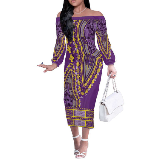 African Dashiki Luxury Violet Off The Shoulder Long Sleeve Dress
