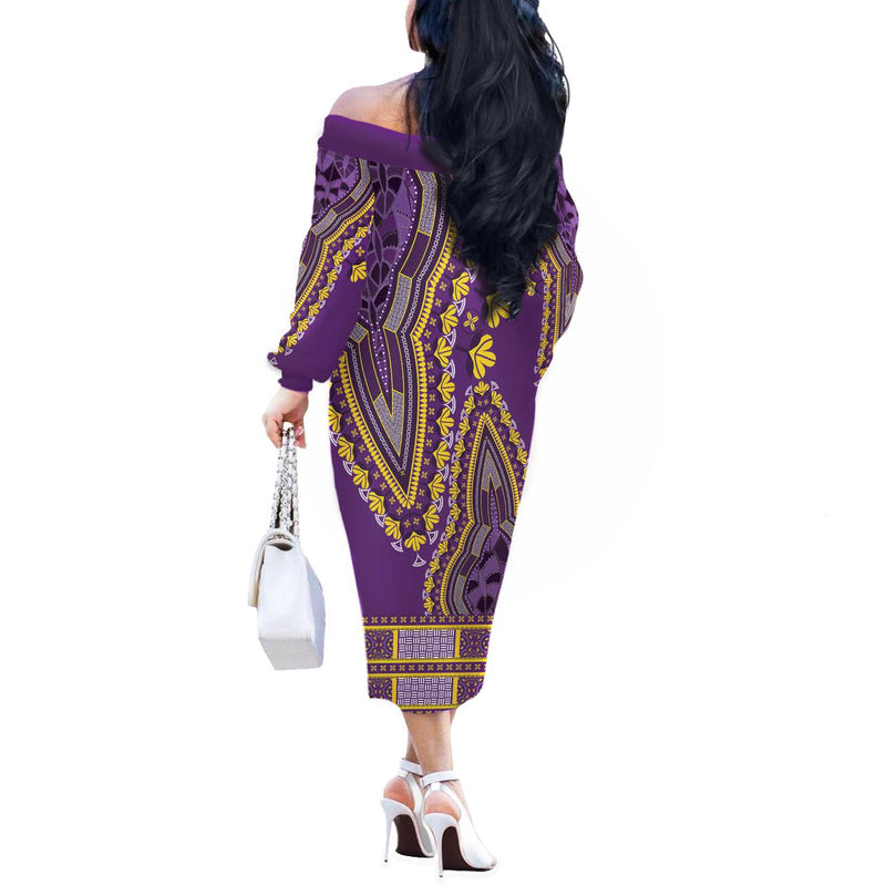 African Dashiki Luxury Violet Off The Shoulder Long Sleeve Dress
