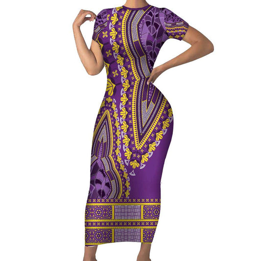 African Dashiki Luxury Violet Short Sleeve Bodycon Dress
