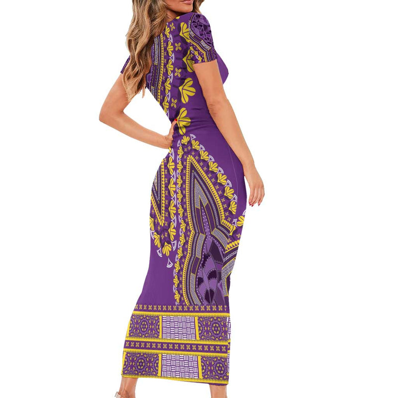 African Dashiki Luxury Violet Short Sleeve Bodycon Dress