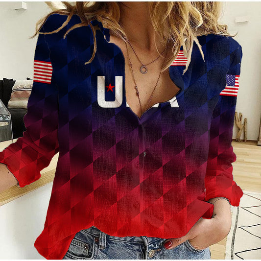 (Custom Personalised) United States National Cricket Team USA Cricket Gradient Navy Red Women Casual Shirt