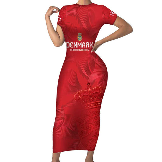Custom Denmark Football With Coat Of Arm Short Sleeve Bodycon Dress