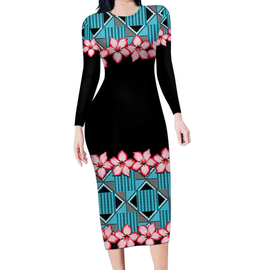 African Adenium Multiflorum Flowers With Kente Style Long Sleeve Bodycon Dress