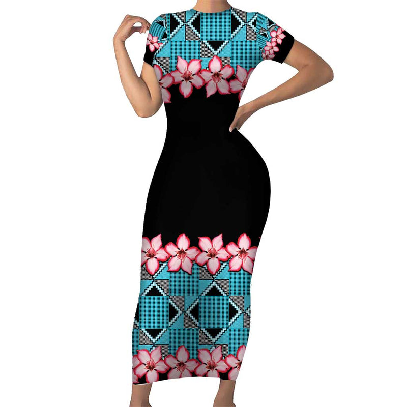African Adenium Multiflorum Flowers With Kente Style Short Sleeve Bodycon Dress