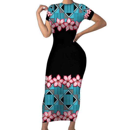 African Adenium Multiflorum Flowers With Kente Style Short Sleeve Bodycon Dress