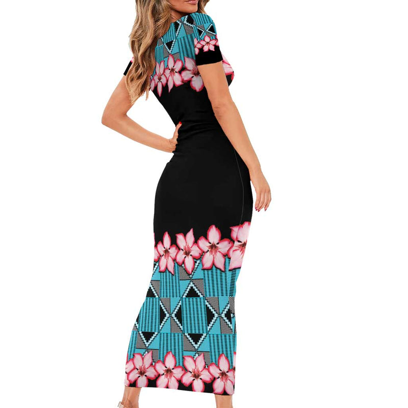 African Adenium Multiflorum Flowers With Kente Style Short Sleeve Bodycon Dress