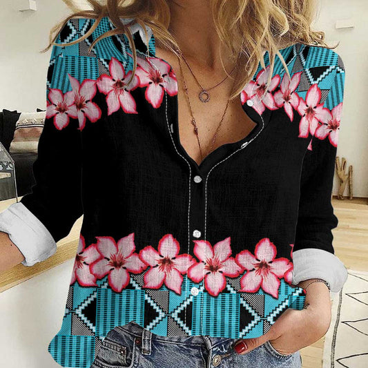 African Adenium Multiflorum Flowers with Kente Style Women Casual Shirt
