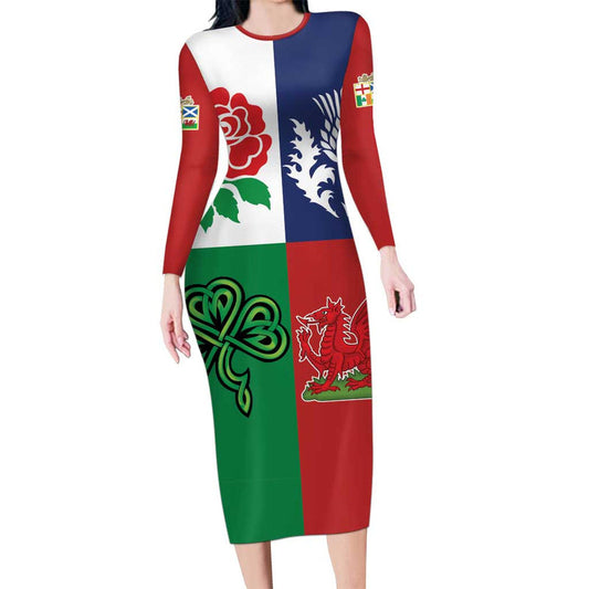 Custom British Lions Combination Of England Irish Scottish Welsh Long Sleeve Bodycon Dress