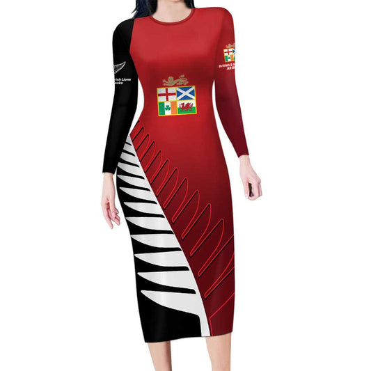Custom British Lions New Zealand Half Black Fern Long Sleeve Bodycon Dress