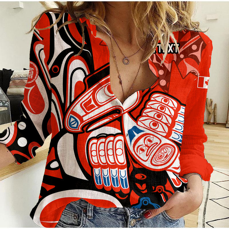 (Custom Personalised) Canada Haida Classic Haida Stylized Raven in red Women Casual Shirt