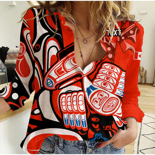 (Custom Personalised) Canada Haida Classic Haida Stylized Raven in red Women Casual Shirt
