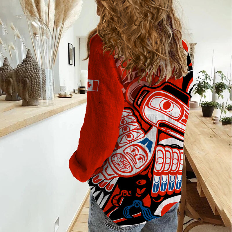 (Custom Personalised) Canada Haida Classic Haida Stylized Raven in red Women Casual Shirt