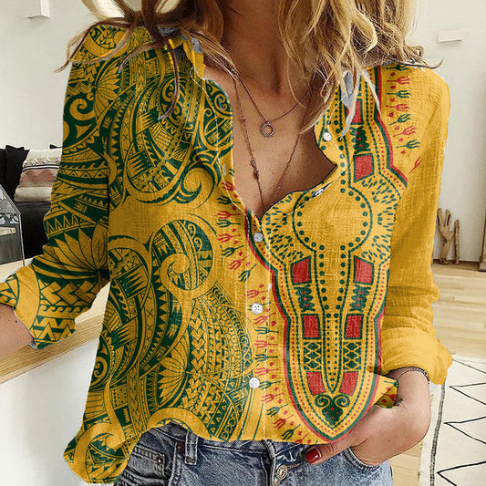Africa Dashiki African Tribal Art Mixed Polynesian Tattoo Gold Color Unique Women Casual Shirt