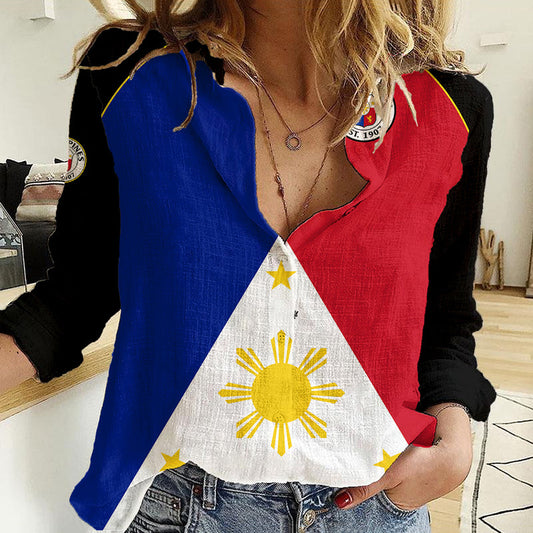 (Custom Text And Number) Philippines Concept Home Football Pilipinas Flag Black Style 2023 Women Casual Shirt