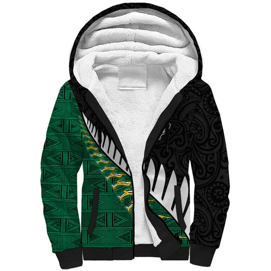Custom South Africa and Aotearoa Rugby Springboks Black Fern Maori Vibe Sherpa Hoodie